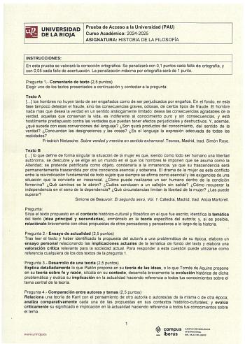 Examen de Historia de la Filosofía (EBAU de 2025)