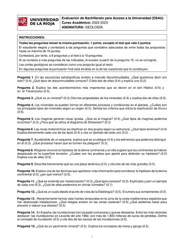 Examen de Geología y Ciencias Ambientales (EBAU de 2023)