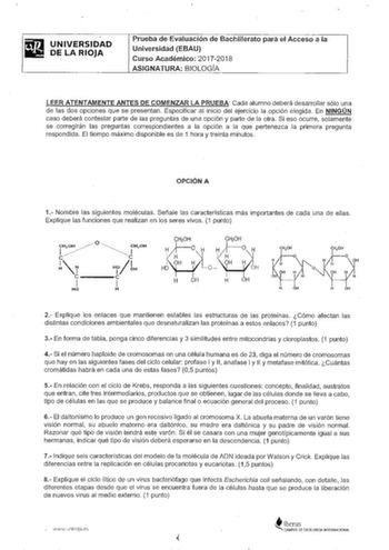 Examen de Biología (EBAU de 2018)