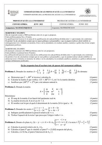 Examen de Matemáticas II (PAU de 2022)