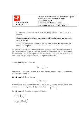 Examen de Matemáticas II (EBAU de 2021)