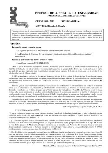 Examen de Historia de España (PAU de 2010)