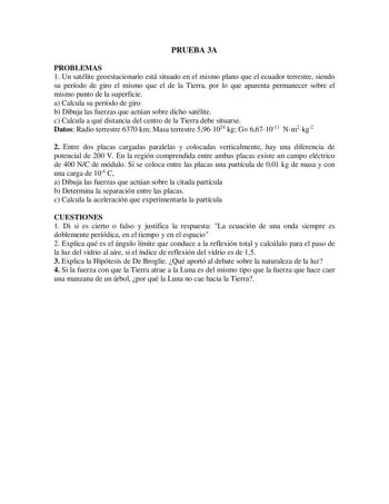 PRUEBA 3A PROBLEMAS 1 Un satélite geoestacionario está situado en el mismo plano que el ecuador terrestre siendo su período de giro el mismo que el de la Tierra por lo que aparenta permanecer sobre el mismo punto de la superficie a Calcula su período de giro b Dibuja las fuerzas que actúan sobre dicho satélite c Calcula a qué distancia del centro de la Tierra debe situarse Datos Radio terrestre 6370 km Masa terrestre 5961024 kg G 6671011 Nm2kg2 2 Entre dos placas cargadas paralelas y colocadas …