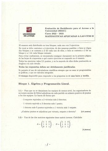 Examen de Matemáticas Aplicadas a las Ciencias Sociales (EBAU de 2023)
