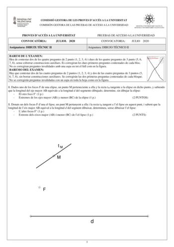 COMISSIÓ GESTORA DE LES PROVES DACCÉS A LA UNIVERSITAT COMISIÓN GESTORA DE LAS PRUEBAS DE ACCESO A LA UNIVERSIDAD PROVES DACCÉS A LA UNIVERSITAT CONVOCATRIA JULIOL 2020 Assignatura DIBUIX TCNIC II PRUEBAS DE ACCESO A LA UNIVERSIDAD CONVOCATORIA JULIO 2020 Asignatura DIBUJO TÉCNICO II BAREM DE LEXAMEN Heu de contestar dos de les quatre preguntes de 2 punts 1 2 3 4 i dues de les quatre preguntes de 3 punts 5 6 7 8 sense esborrar construccions auxiliars Es corregiran les dues primeres preguntes co…