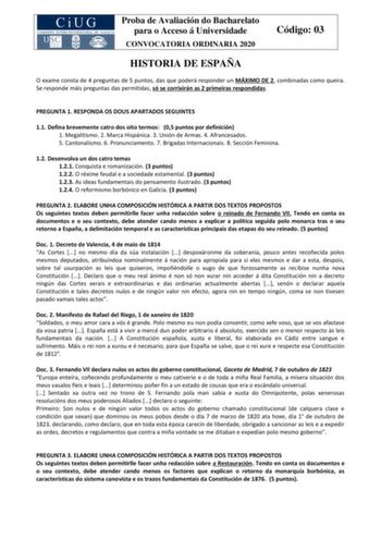 Examen de Historia de España (ABAU de 2020)