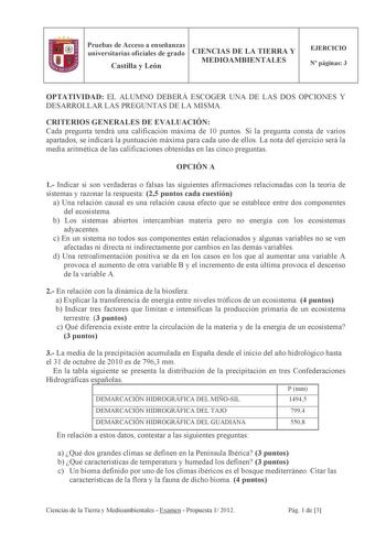 Examen de Ciencias de la Tierra y Medioambientales (PAU de 2012)