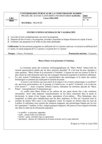 Examen de Francés (selectividad de 2005)