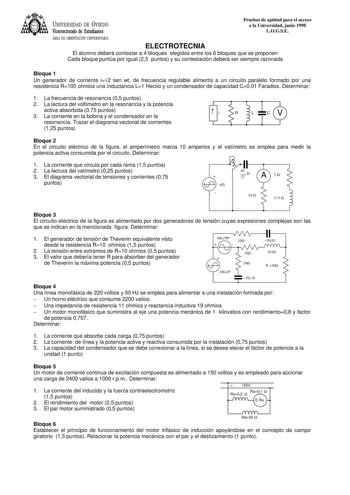 UNIVERSIDAD DE VIEDO Vicerrectorado de Estudiantes Pruebas de aptitud para el acceso a la Universidad junio 1998 LOGSE ÁREA DE ORIENTACIÓN UNIVERSITARIA ELECTROTECNIA El alumno deberá contestar a 4 bloques elegidos entre los 6 bloques que se proponen Cada bloque puntúa por igual 25 puntos y su contestación deberá ser siempre razonada Bloque 1 Un generador de corriente i2 sen wt de frecuencia regulable alimenta a un circuito paralelo formado por una resistencia R100 ohmios una inductancia L1 Her…