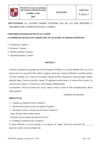 Examen de Italiano (PAU de 2013)