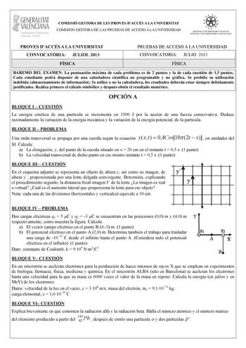 1GENERALITAT  VALENCIANA CONSELLERIA DEDUCACIÓ CULTURA I ESPORT COMISSIÓ GESTORA DE LES PROVES DACCÉS A LA UNIVERSITAT COMISIÓN GESTORA DE LAS PRUEBAS DE ACCESO A LA UNIVERSIDAD    1111  S ISTEMA UNIVERSITARI VA LENCIA SISTEMA UNIVERSITARIO VALENC IANO PROVES DACCÉS A LA UNIVERSITAT CONVOCATRIA JULIOL 2013 PRUEBAS DE ACCESO A LA UNIVERSIDAD CONVOCATORIA JULIO 2013 FÍSICA FÍSICA BAREMO DEL EXAMEN La puntuación máxima de cada problema es de 2 puntos y la de cada cuestión de 15 puntos Cada estudia…