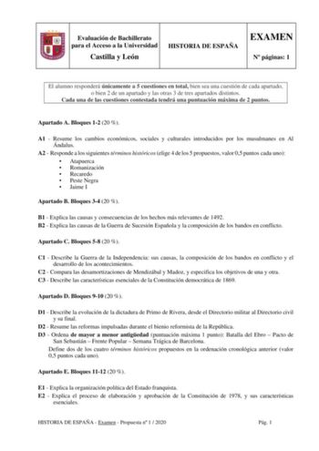 Examen de Historia de España (EBAU de 2020)