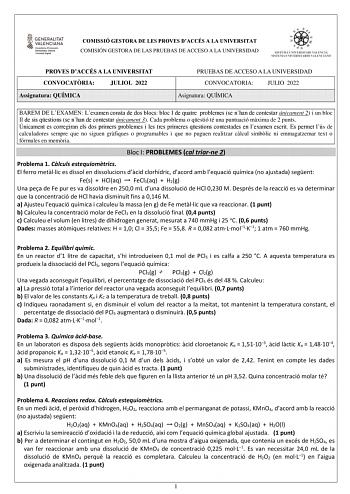 Examen de Química (PAU de 2022)