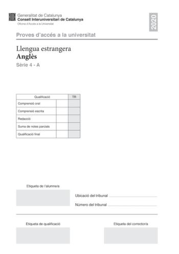 2020 Proves daccés a la universitat Llengua estrangera Angls Srie 4  A Qualificació TR Comprensió oral Comprensió escrita Redacció Suma de notes parcials Qualificació final Etiqueta de lalumnea Ubicació del tribunal  Número del tribunal  Etiqueta de qualificació Etiqueta del correctora Part 1 Listening comprehension COUNTING THE BUGS AND BACTERIA YOURE NEVER HOME ALONE In this radio programme you are going to hear some new words Read and listen to them Make sure you know what they mean microbe …