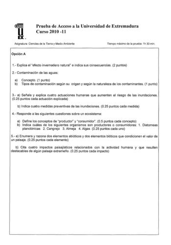 Examen de Ciencias de la Tierra y Medioambientales (PAU de 2011)