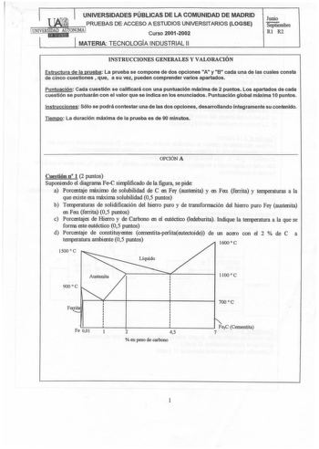 UNIVERSIDADES PÚBLICAS DE LA COMUNIDAD DE MADRID Curso 20012002 MATERIA TECNOLOGÍA INDUSTRIAL 11 Junio Septiembre Rl R2 INSTRUCCIONES GENERALES Y VALORACIÓN Estructura de la prueba La prueba se compone de dos opciones A y B cada una de las cuales consta de cinco cuestiones  que a su vez pueden comprender varios apartados Puntuación Cada cuestión se calificará con una puntuación máxima de 2 puntos Los apartados de cada cuestión se puntuarán con el valor que se indica en los enunciados Puntuación…