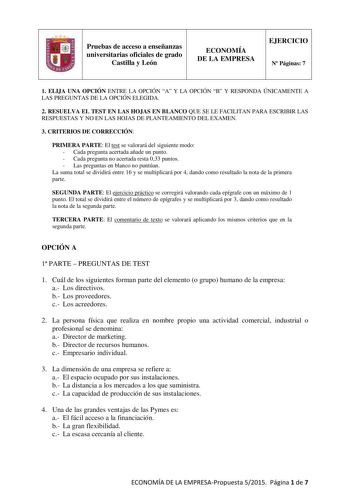 Examen de Economía de la Empresa (PAU de 2015)