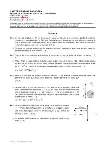 UNIVERSIDAD DE ZARAGOZA PRUEBA DE ACCESO A ESTUDIOS UNIVERSITARIOS SEPTIEMBRE DE 2006 Ejercicio de FÍSICA Tiempo disponible 1 h 30 m Se valorará el uso de vocabulario y la notación científica Los errores ortográficos el desorden la falta de limpieza en la presentación y la mala redacción podrán suponer una disminución hasta de un punto en la calificación salvo casos extremos PUNTUACIÓN QUE SE OTORGARÁ A ESTE EJERCICIO véanse las distintas partes del examen OPCIÓN A 1 a Un tubo de longitud L  34…