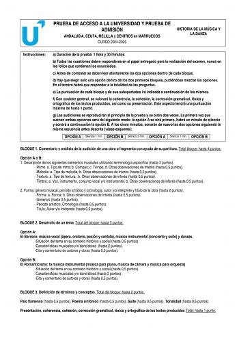 Examen de Historia de la Música y de la Danza (PEvAU de 2025)