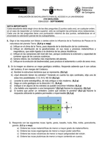 Examen de Geología y Ciencias Ambientales (EBAU de 2020)