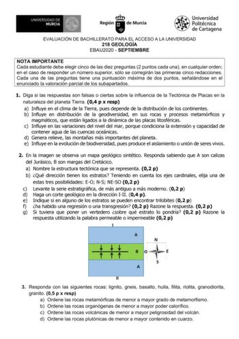 EVALUACIÓN DE BACHILLERATO PARA EL ACCESO A LA UNIVERSIDAD 218 GEOLOGÍA EBAU2020  SEPTIEMBRE NOTA IMPORTANTE Cada estudiante debe elegir cinco de las diez preguntas 2 puntos cada una en cualquier orden en el caso de responder un número superior sólo se corregirán las primeras cinco redacciones Cada una de las preguntas tiene una puntuación máxima de dos puntos señalándose en el enunciado la valoración parcial de los subapartados 1 Diga si las respuestas son falsas o ciertas sobre la influencia …