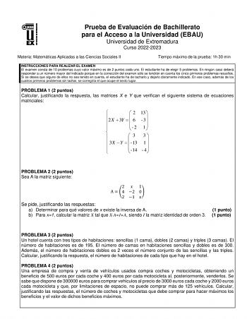 Examen de Matemáticas Aplicadas a las Ciencias Sociales (EBAU de 2023)