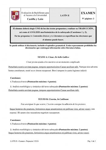 Examen de Latín II (EBAU de 2024)