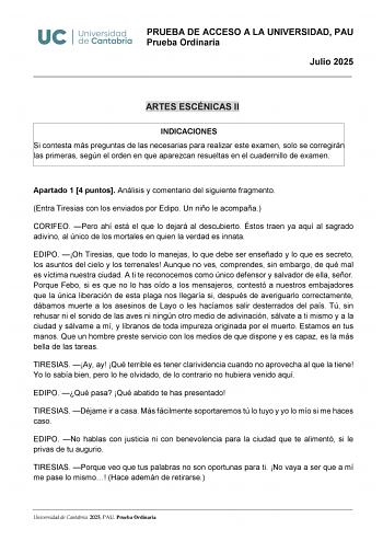 Examen de Artes Escénicas (EBAU de 2025)