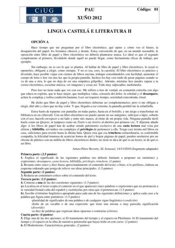 Examen de Lengua Castellana y Literatura (PAU de 2012)