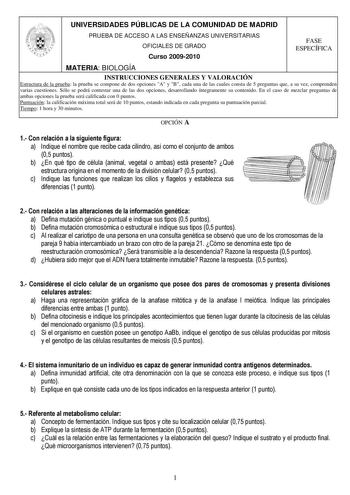 UNIVERSIDADES PÚBLICAS DE LA COMUNIDAD DE MADRID PRUEBA DE ACCESO A LAS ENSEÑANZAS UNIVERSITARIAS OFICIALES DE GRADO Curso 20092010 FASE ESPECÍFICA MATERIA BIOLOGÍA INSTRUCCIONES GENERALES Y VALORACIÓN Estructura de la prueba la prueba se compone de dos opciones A y B cada una de las cuales consta de 5 preguntas que a su vez comprenden varias cuestiones Sólo se podrá contestar una de las dos opciones desarrollando íntegramente su contenido En el caso de mezclar preguntas de ambas opciones la pr…