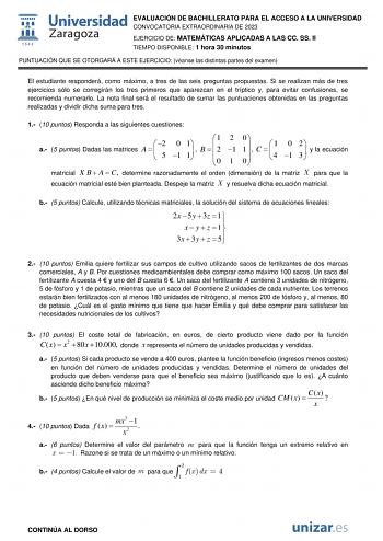 Examen de Matemáticas Aplicadas a las Ciencias Sociales (EvAU de 2023)