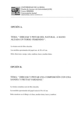 UNIVERSIDAD DE LA RIOJA Prueba de Acceso a la Universidad LOE Curso 20092010 Convocatoria Junio ASIGNATURA DIBUJO ARTÍSTICO 11 OPCIÓN A TEMA  DIBUJAR Y PINTAR DEL NATURAL A MANO ALZADA UN TORSO FEMENINO  La técnica será de libre elección Las medidas aproximadas del papel son de 50 x 65 cm Debe observarse encaje valor sombras luces y medias tintas OPCIÓN B TEMA DIBUJAR Y PINTAR UNA COMPOSICIÓN CON UNA SANDÍA Y FRUTAS VARIADAS La técnica cromática será de libre elección Las medidas aproximadas de…