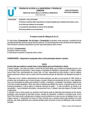 Examen de Portugués (PEvAU de 2025)