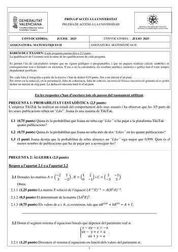 Examen de Matemáticas II (PAU de 2025)