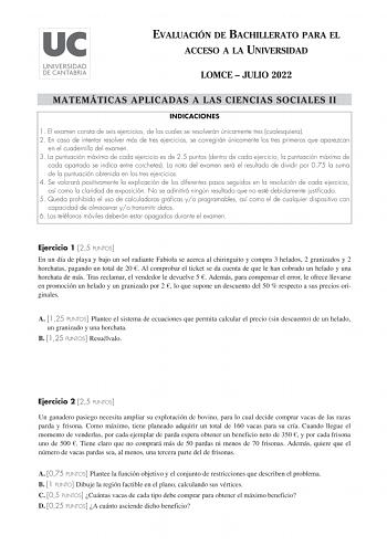 Examen de Matemáticas Aplicadas a las Ciencias Sociales (EBAU de 2022)