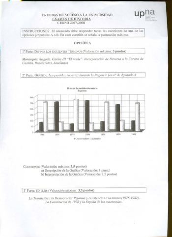 PRUEBAS DE ACCESO A LA UNIVERSIDAD EXAMEN DE HISTORIA CURSO 20072008 N11f arroilío U 111bt1t111aLe Publ1ko1 INSTRUCCIONES El alumnado debe responder todas las cuestiones de una de las opciones propuestas A o B En cada cuestión se señala la puntuación máxima OPCIÓN A 1 Parte DEFINIR LOS SIGUIENTES TÉRMINOS Valoración máxima 3 puntos Monarquía visigoda Carlos 111 El noble Incorporación de Navarra a la Corona de Castilla Bancarrotas Jovellanos 12 Parte GRÁFICA Los partidos turnistas durante la Reg…