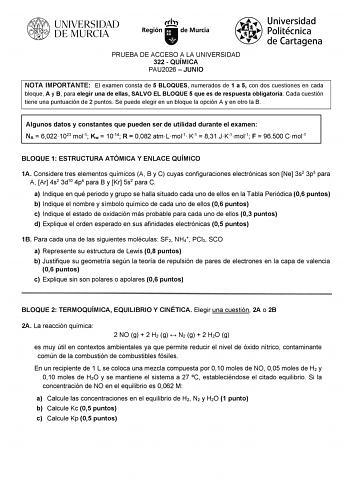 Química – EBAU Región de Murcia (2026)