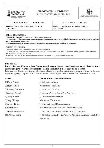 Examen de Movimientos Culturales y Artísticos (PAU de 2025)