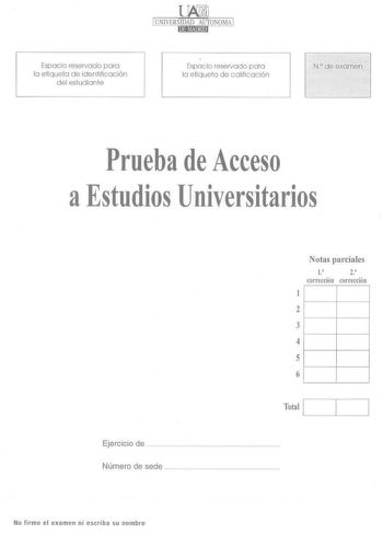 Espacio reservado para lo etiqueto de identificación del estudiante Espacio reservado paro la etiqueto d e califica ción Ndeexomen Prueba de Acceso aEstudios Universitarios Ejercicio de  Número de sede  Notas parciales l 2 corrección corrección 1 2 3 4 5 6 Total I No firme el examen ni esc riba su nombre No escribir en esta página  UNIVERSIDADES PÚBLICAS DE LA COMUNIDAD DE MADRID PRUEBA DE ACCESO A ESTUDIOS UNIVERSITARIOS LOGSE Curso 20042005 MATERIA DIBUJO TÉCNICO 11 Junio Scotiembre RIR2R3 IN…