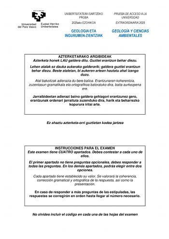 Examen de Geología y Ciencias Ambientales (EAU de 2025)