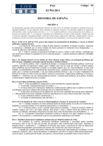 Examen de Historia de España (PAU de 2011)