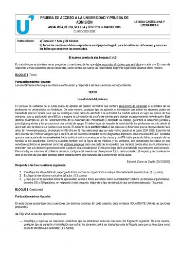 Lengua Castellana y Literatura – PEvAU Andalucía (2026)