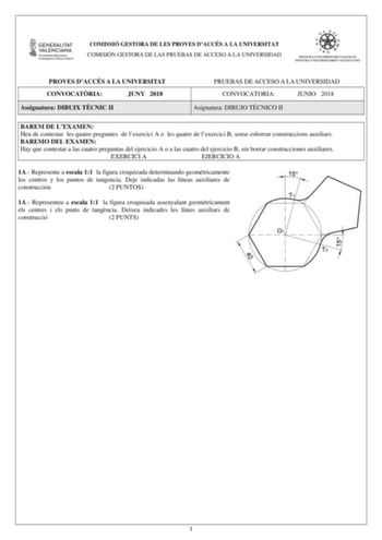 COMISSIÓ GESTORA DE LES PROVES DACCÉS A LA UNIVERSITAT COMISIÓN GESTORA DE LAS PRUEBAS DE ACCESO A LA UNIVERSIDAD PROVES DACCÉS A LA UNIVERSITAT CONVOCATRIA JUNY 2018 Assignatura DIBUIX TCNIC II PRUEBAS DE ACCESO A LA UNIVERSIDAD CONVOCATORIA JUNIO 2018 Asignatura DIBUJO TÉCNICO II BAREM DE LEXAMEN Heu de contestar les quatre preguntes de lexercici A o les quatre de lexercici B sense esborrar construccions auxiliars BAREMO DEL EXAMEN Hay que contestar a las cuatro preguntas del ejercicio A o a …