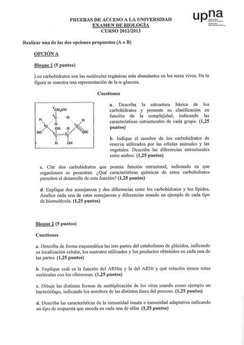 PRUEBAS DE ACCESO A LA UNIVERSIDAD EXAMEN DE BIOLOGÍA CURSO 20122013 upl Ntarato uhruiu1 rblco Realizar una de las dos opciones propuestas A o B OPCIÓN A Bloque 1 5 puntos Los carbohidratos son las moléculas orgánicas más abundantes en los seres vivos En la figura se muestra una representación de la uglucosa Cuestiones a Describa la estructura básica de los carbohidratos y presente su clasificación en función de la complejidad indicando las características estructurales de cada grupo 125 puntos…