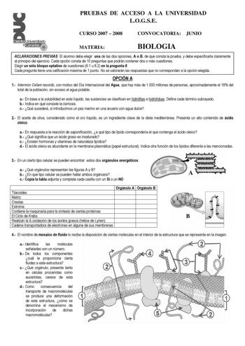 PRUEBAS DE ACCESO A LA UNIVERSIDAD LOGSE CURSO 2007  2008 CONVOCATORIA JUNIO MATERIA BIOLOGIA ACLARACIONES PREVIAS El alumno debe elegir una de las dos opciones A o B de que consta la prueba y debe especificarla claramente al principio del ejercicio Cada opción consta de 10 preguntas que podrán contener dos o más cuestiones Elegir un sólo bloque optativo de cuestiones 81 u 82 en la pregunta 8 Cada pregunta tiene una calificación máxima de 1 punto No se valorarán las respuestas que no correspond…