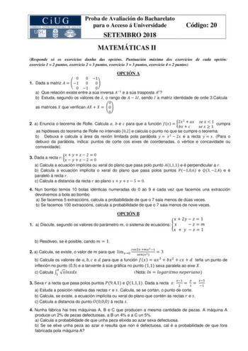 Examen de Matemáticas II (ABAU de 2018)