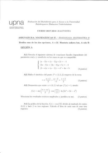 Examen de Matemáticas II (EvAU de 2018)