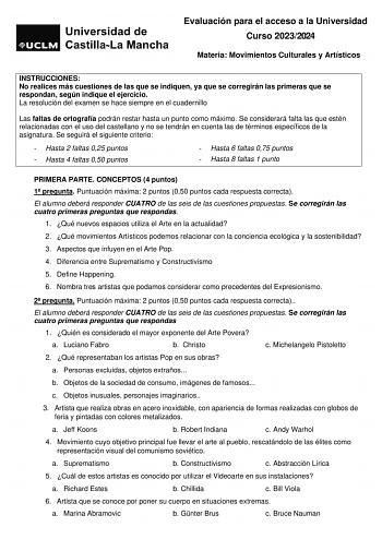Examen de Movimientos Culturales y Artísticos (EvAU de 2024)