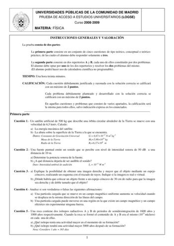 Examen de Física (selectividad de 2009)
