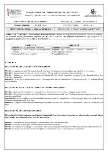 Examen de Ciencias de la Tierra y Medioambientales (PAU de 2014)